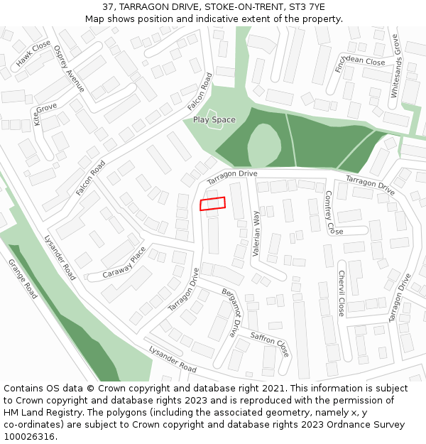 37, TARRAGON DRIVE, STOKE-ON-TRENT, ST3 7YE: Location map and indicative extent of plot