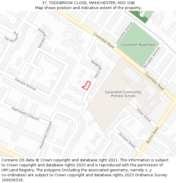 37, TODDBROOK CLOSE, MANCHESTER, M20 1NB: Location map and indicative extent of plot