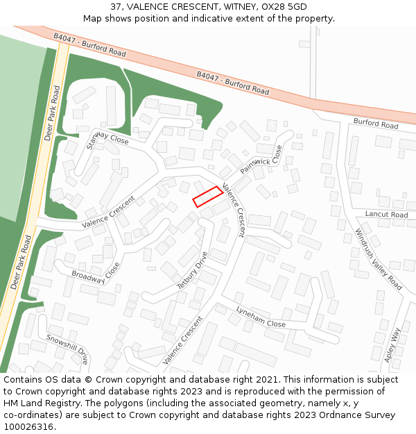 37, VALENCE CRESCENT, WITNEY, OX28 5GD: Location map and indicative extent of plot