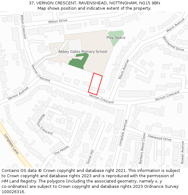 37, VERNON CRESCENT, RAVENSHEAD, NOTTINGHAM, NG15 9BN: Location map and indicative extent of plot