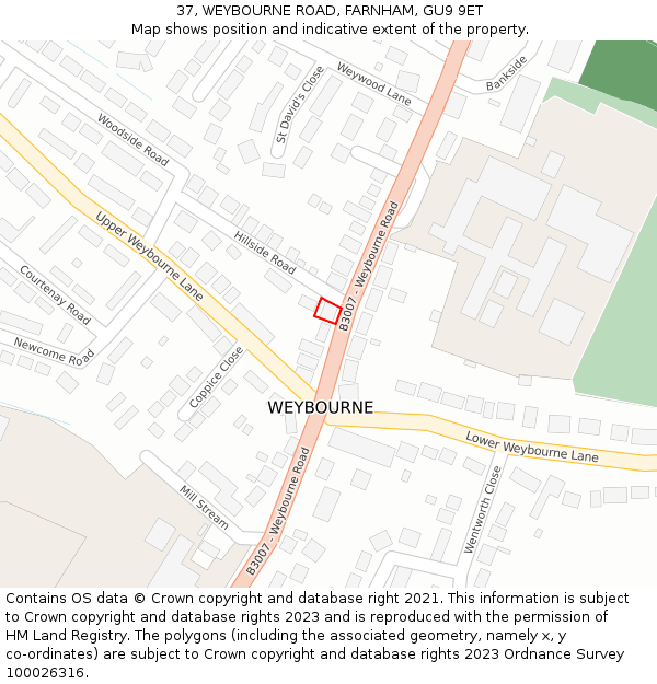 37, WEYBOURNE ROAD, FARNHAM, GU9 9ET: Location map and indicative extent of plot