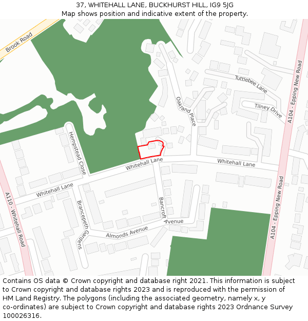 37, WHITEHALL LANE, BUCKHURST HILL, IG9 5JG: Location map and indicative extent of plot