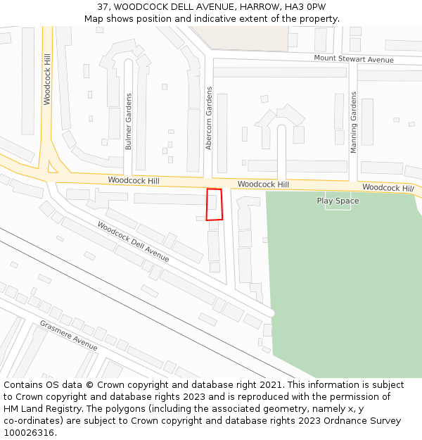 37, WOODCOCK DELL AVENUE, HARROW, HA3 0PW: Location map and indicative extent of plot