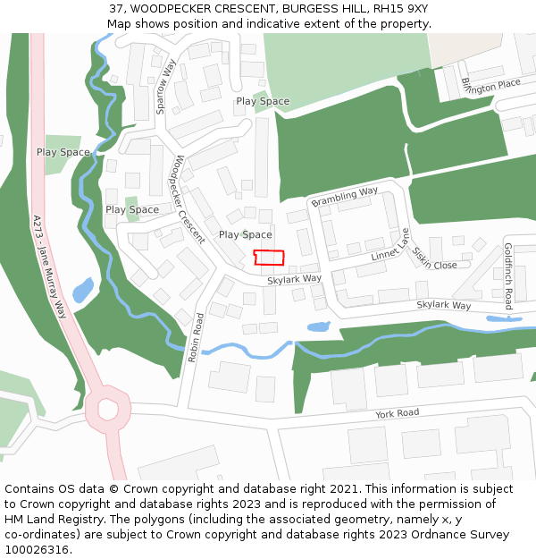 37, WOODPECKER CRESCENT, BURGESS HILL, RH15 9XY: Location map and indicative extent of plot