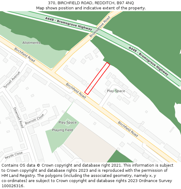 370, BIRCHFIELD ROAD, REDDITCH, B97 4NQ: Location map and indicative extent of plot