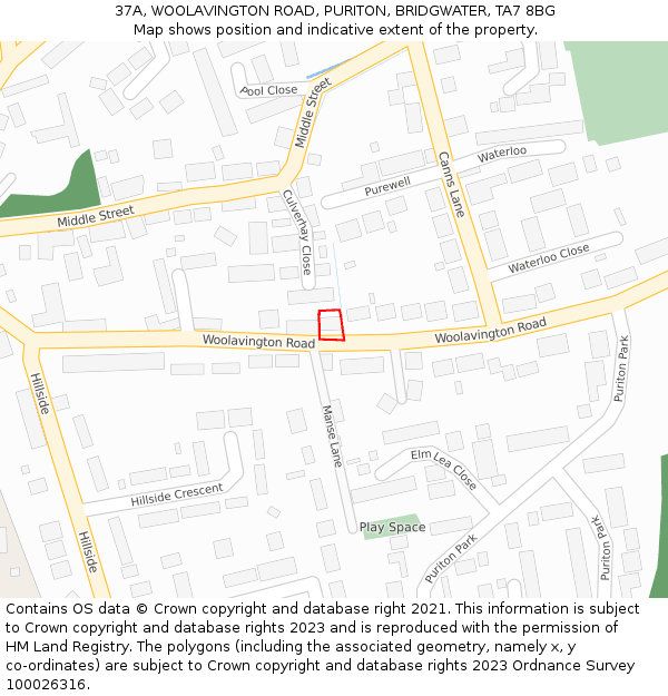 37A, WOOLAVINGTON ROAD, PURITON, BRIDGWATER, TA7 8BG: Location map and indicative extent of plot