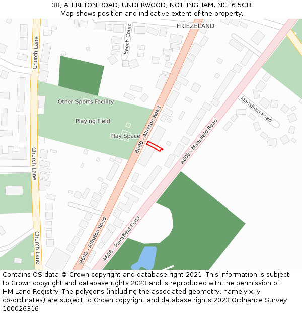 38, ALFRETON ROAD, UNDERWOOD, NOTTINGHAM, NG16 5GB: Location map and indicative extent of plot
