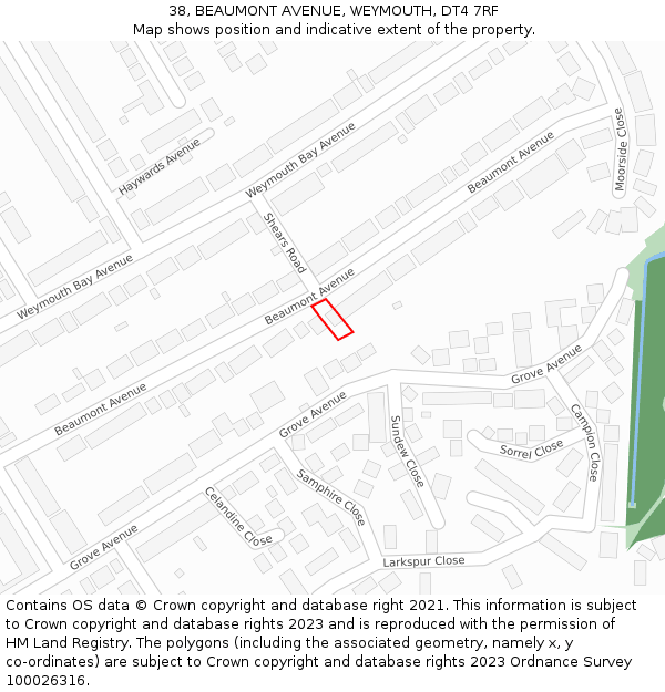 38, BEAUMONT AVENUE, WEYMOUTH, DT4 7RF: Location map and indicative extent of plot