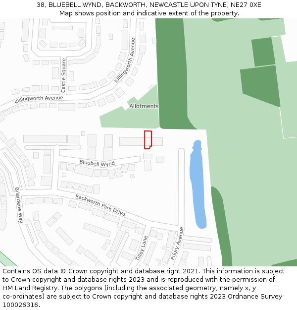38, BLUEBELL WYND, BACKWORTH, NEWCASTLE UPON TYNE, NE27 0XE: Location map and indicative extent of plot