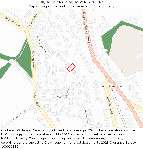38, BOSVENNA VIEW, BODMIN, PL31 1AZ: Location map and indicative extent of plot