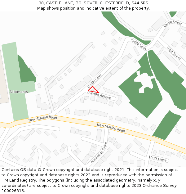 38, CASTLE LANE, BOLSOVER, CHESTERFIELD, S44 6PS: Location map and indicative extent of plot