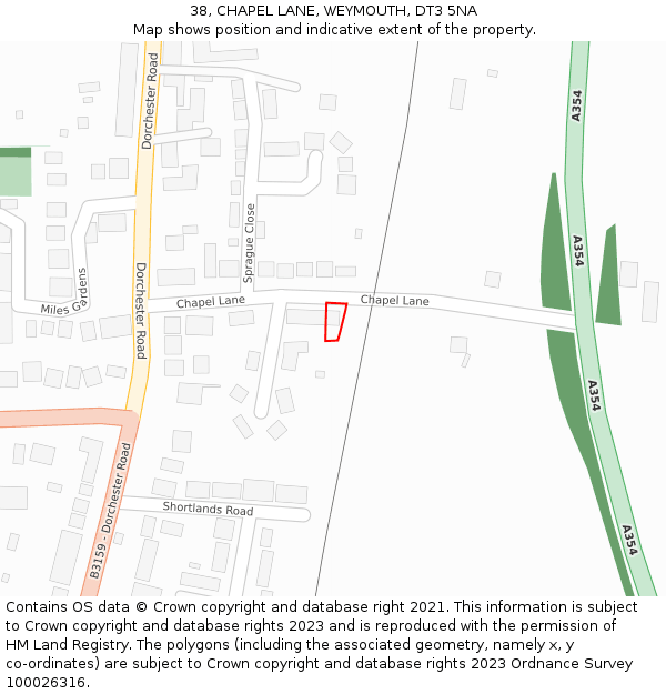 38, CHAPEL LANE, WEYMOUTH, DT3 5NA: Location map and indicative extent of plot