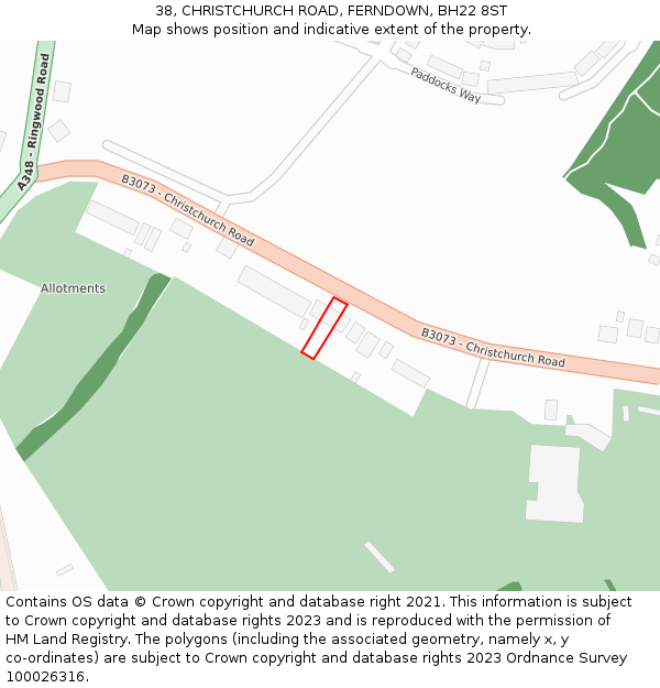 38, CHRISTCHURCH ROAD, FERNDOWN, BH22 8ST: Location map and indicative extent of plot