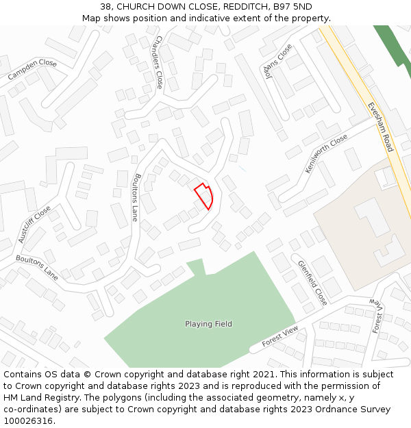 38, CHURCH DOWN CLOSE, REDDITCH, B97 5ND: Location map and indicative extent of plot