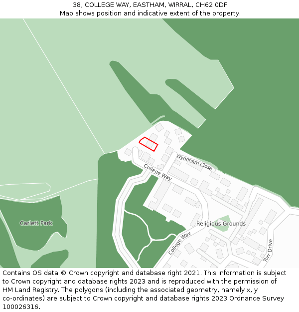 38, COLLEGE WAY, EASTHAM, WIRRAL, CH62 0DF: Location map and indicative extent of plot