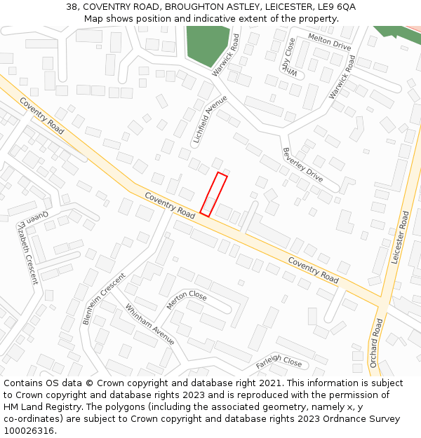 38, COVENTRY ROAD, BROUGHTON ASTLEY, LEICESTER, LE9 6QA: Location map and indicative extent of plot