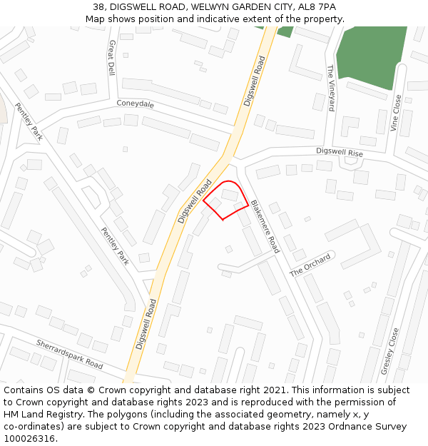 38, DIGSWELL ROAD, WELWYN GARDEN CITY, AL8 7PA: Location map and indicative extent of plot