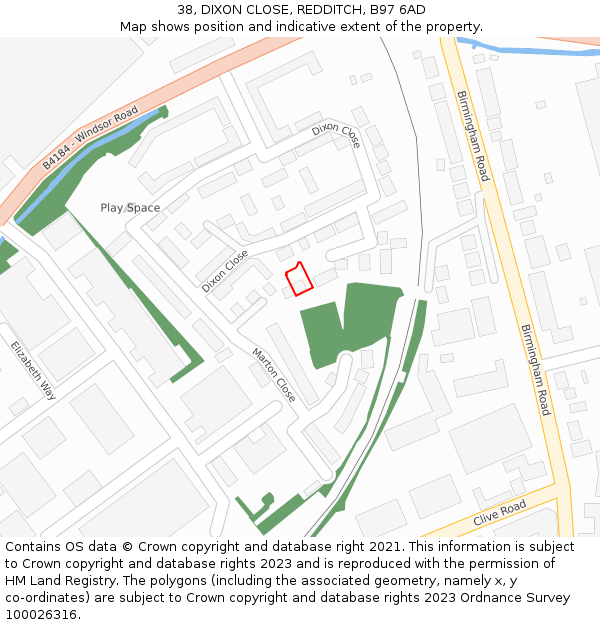 38, DIXON CLOSE, REDDITCH, B97 6AD: Location map and indicative extent of plot