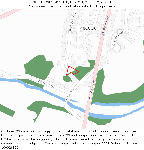 38, FIELDSIDE AVENUE, EUXTON, CHORLEY, PR7 6JF: Location map and indicative extent of plot