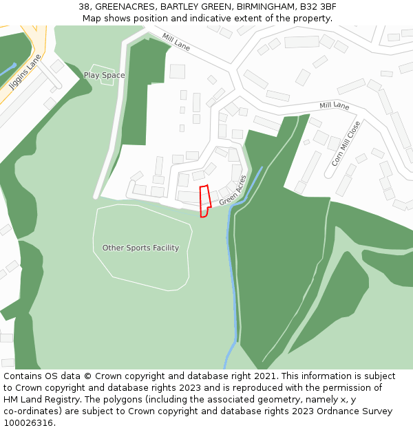38, GREENACRES, BARTLEY GREEN, BIRMINGHAM, B32 3BF: Location map and indicative extent of plot