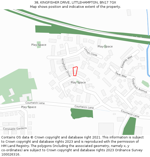38, KINGFISHER DRIVE, LITTLEHAMPTON, BN17 7GX: Location map and indicative extent of plot