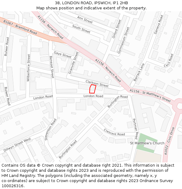 38, LONDON ROAD, IPSWICH, IP1 2HB: Location map and indicative extent of plot