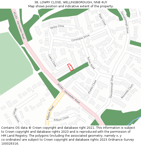 38, LOWRY CLOSE, WELLINGBOROUGH, NN8 4UY: Location map and indicative extent of plot