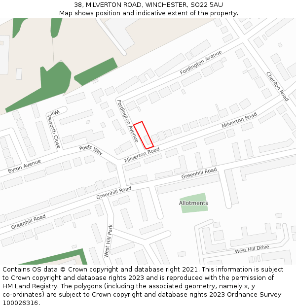 38, MILVERTON ROAD, WINCHESTER, SO22 5AU: Location map and indicative extent of plot