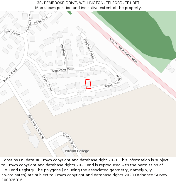 38, PEMBROKE DRIVE, WELLINGTON, TELFORD, TF1 3PT: Location map and indicative extent of plot
