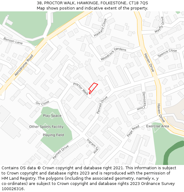 38, PROCTOR WALK, HAWKINGE, FOLKESTONE, CT18 7QS: Location map and indicative extent of plot