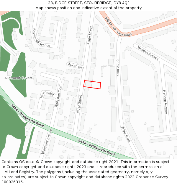 38, RIDGE STREET, STOURBRIDGE, DY8 4QF: Location map and indicative extent of plot
