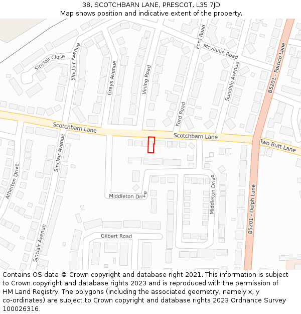38, SCOTCHBARN LANE, PRESCOT, L35 7JD: Location map and indicative extent of plot