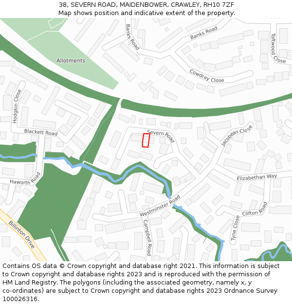 38, SEVERN ROAD, MAIDENBOWER, CRAWLEY, RH10 7ZF: Location map and indicative extent of plot