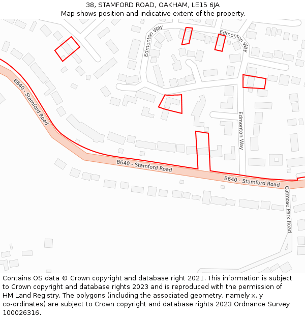 38, STAMFORD ROAD, OAKHAM, LE15 6JA: Location map and indicative extent of plot