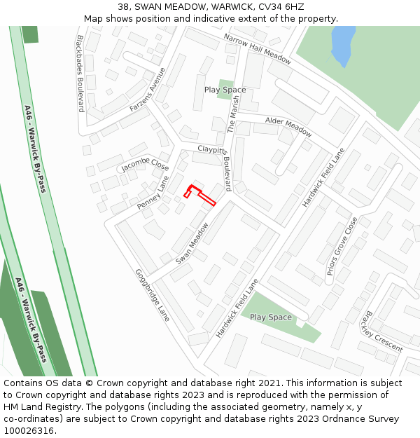 38, SWAN MEADOW, WARWICK, CV34 6HZ: Location map and indicative extent of plot