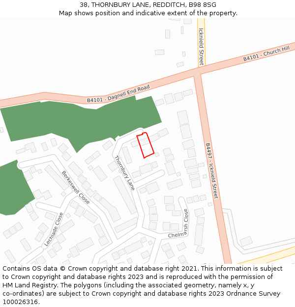 38, THORNBURY LANE, REDDITCH, B98 8SG: Location map and indicative extent of plot