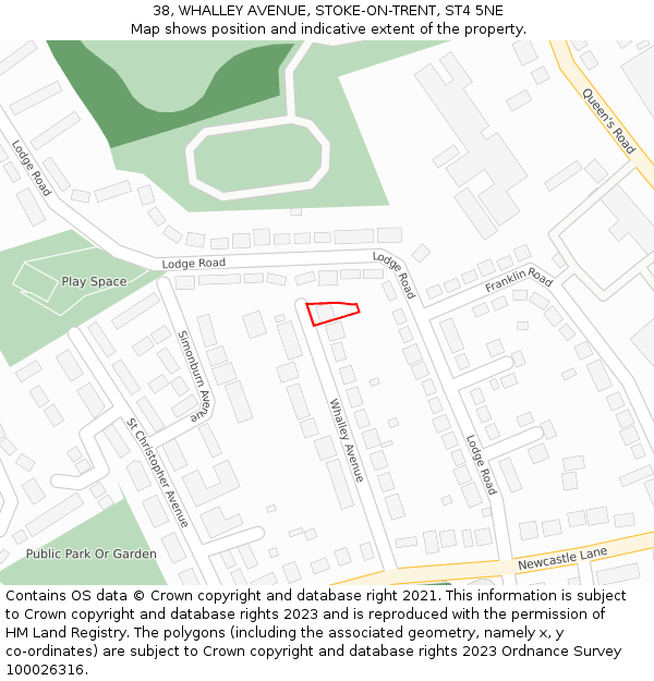 38, WHALLEY AVENUE, STOKE-ON-TRENT, ST4 5NE: Location map and indicative extent of plot