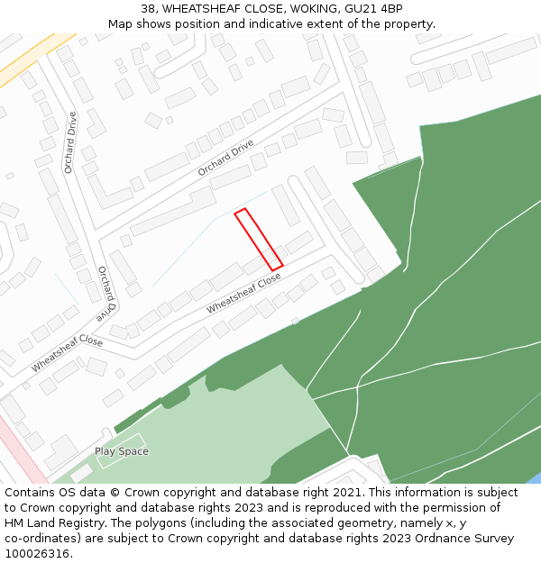 38, WHEATSHEAF CLOSE, WOKING, GU21 4BP: Location map and indicative extent of plot