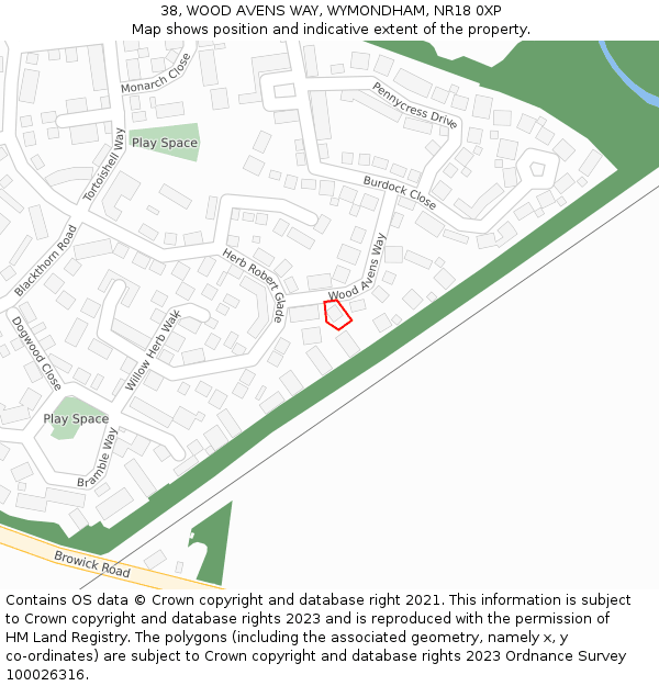 38, WOOD AVENS WAY, WYMONDHAM, NR18 0XP: Location map and indicative extent of plot