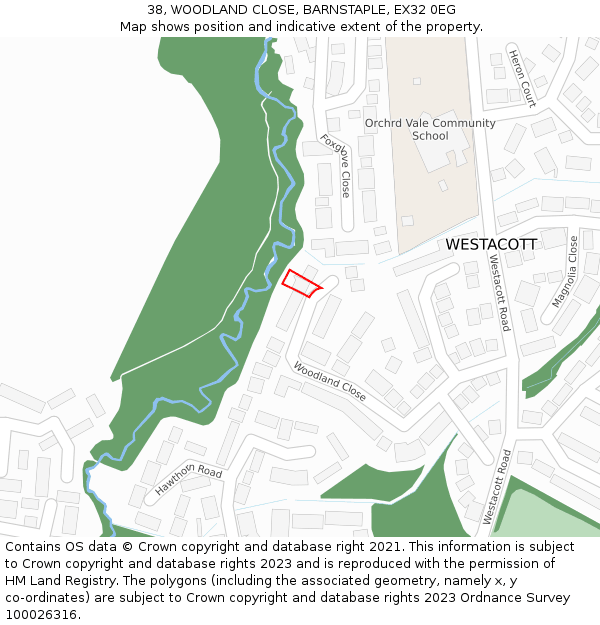 38, WOODLAND CLOSE, BARNSTAPLE, EX32 0EG: Location map and indicative extent of plot