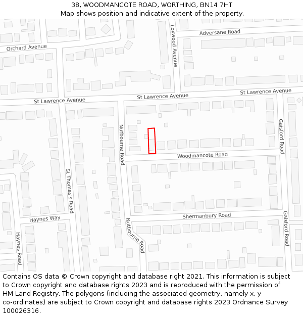 38, WOODMANCOTE ROAD, WORTHING, BN14 7HT: Location map and indicative extent of plot