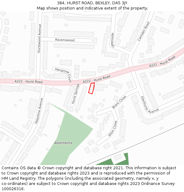 384, HURST ROAD, BEXLEY, DA5 3JY: Location map and indicative extent of plot