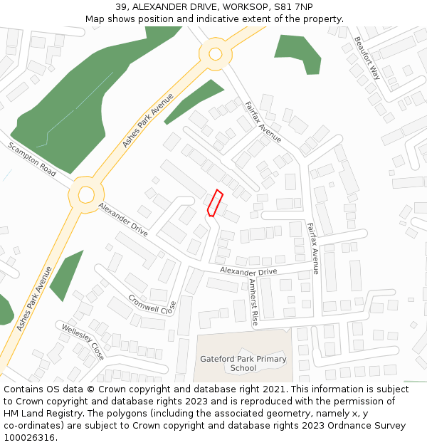 39, ALEXANDER DRIVE, WORKSOP, S81 7NP: Location map and indicative extent of plot