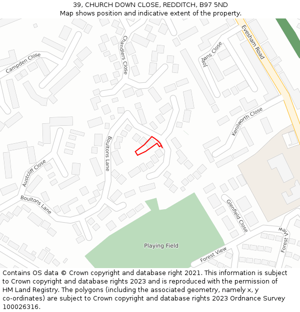 39, CHURCH DOWN CLOSE, REDDITCH, B97 5ND: Location map and indicative extent of plot