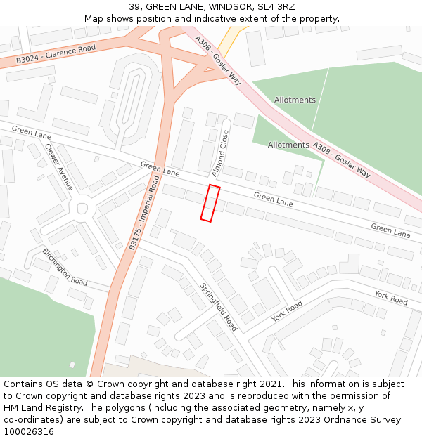 39, GREEN LANE, WINDSOR, SL4 3RZ: Location map and indicative extent of plot