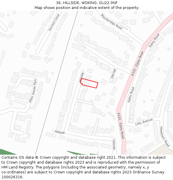 39, HILLSIDE, WOKING, GU22 0NF: Location map and indicative extent of plot