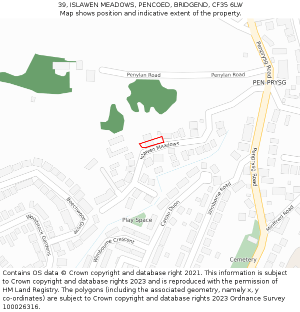 39, ISLAWEN MEADOWS, PENCOED, BRIDGEND, CF35 6LW: Location map and indicative extent of plot