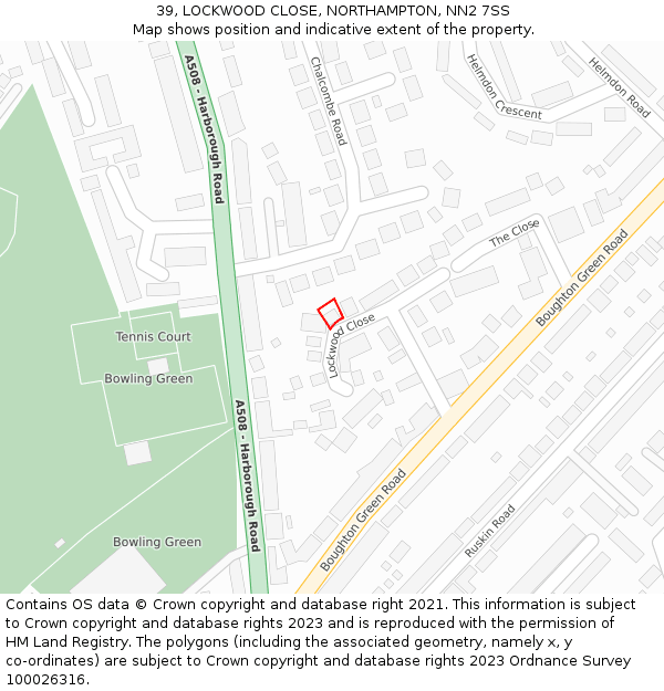 39, LOCKWOOD CLOSE, NORTHAMPTON, NN2 7SS: Location map and indicative extent of plot