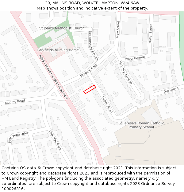 39, MALINS ROAD, WOLVERHAMPTON, WV4 6AW: Location map and indicative extent of plot