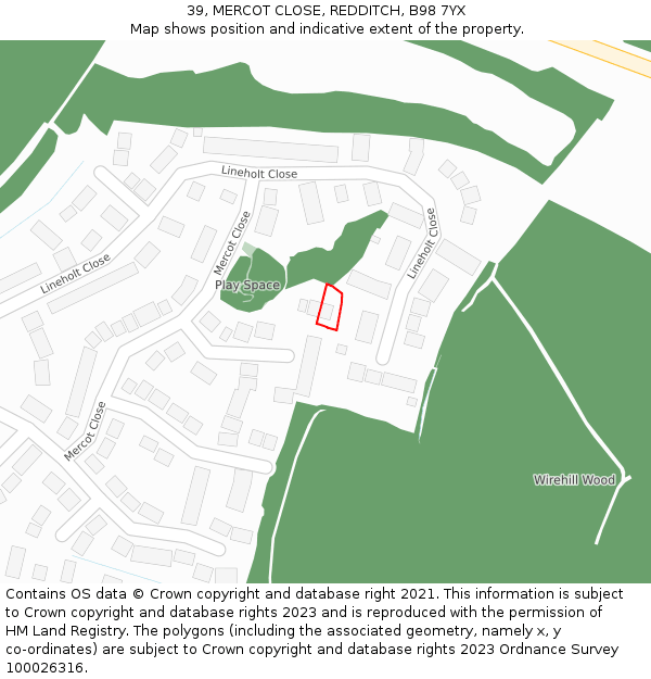 39, MERCOT CLOSE, REDDITCH, B98 7YX: Location map and indicative extent of plot